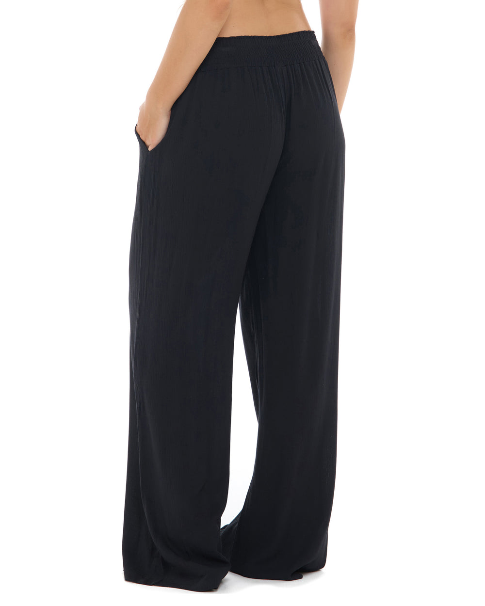 Black wide-leg pants with side pockets, shown from the back on a model against a white background.
