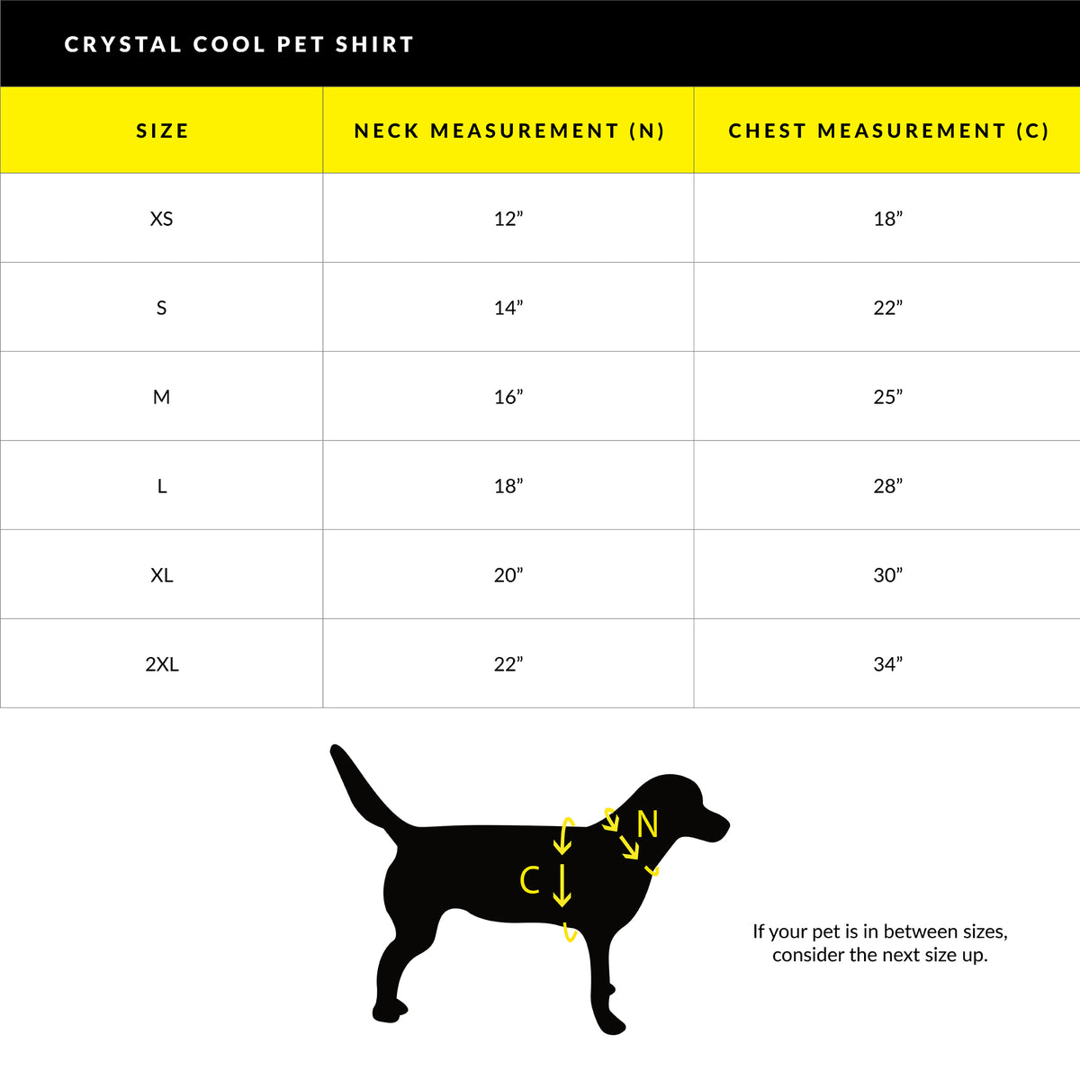 pet cooling size chart
