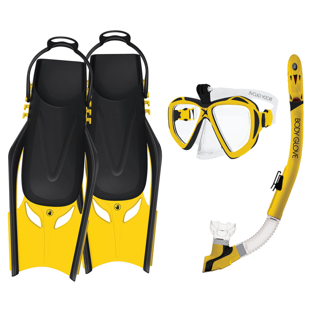Body Glove Passage Mask/Snorkel/Fin Complete Set in Yellow/Black, Size Small/Medium