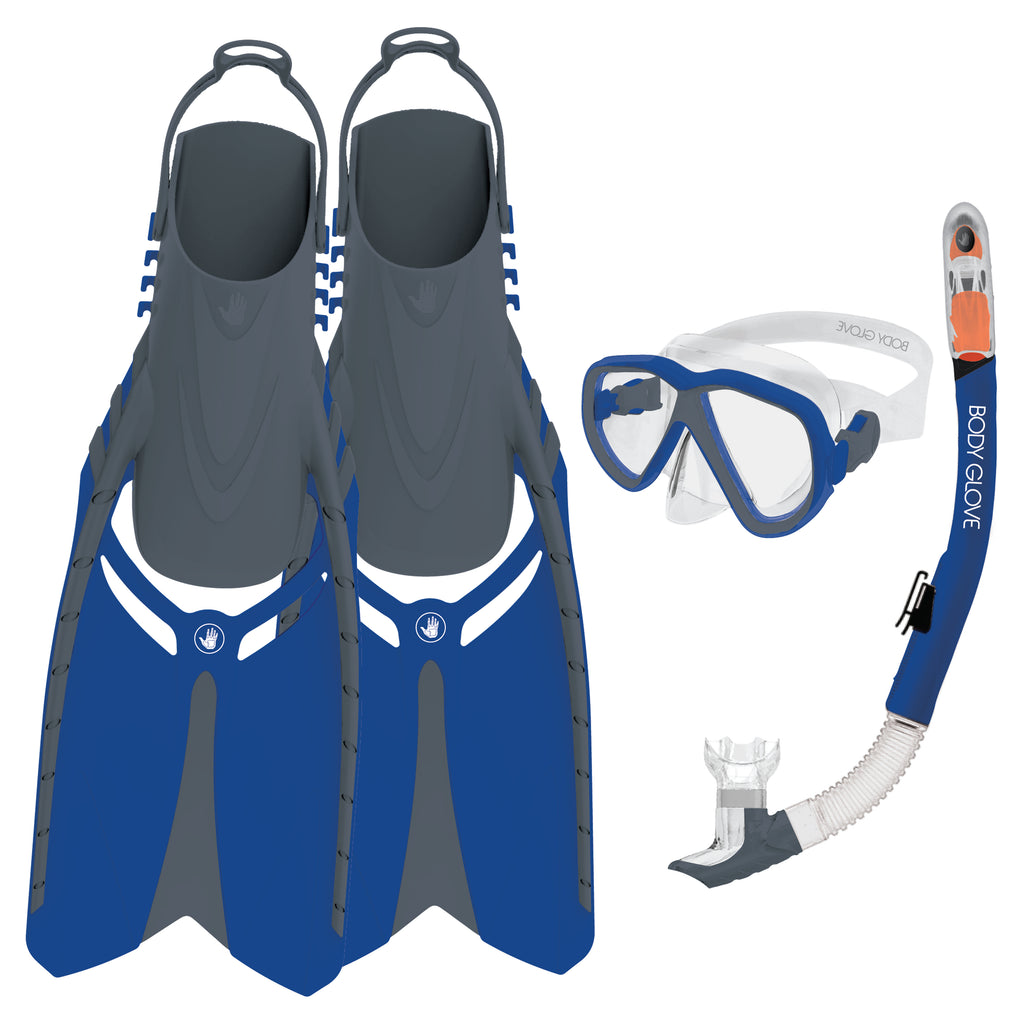 gear for snorkeling Body Glove Azores Mask/Snorkel/Fins Complete Set in Blue/Grey, Size Small/Medium