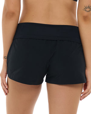 Rear view of a model wearing black athletic shorts with a wide elastic waistband, shown against a plain white background.