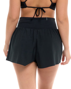 rear view of woman wearing black shorts