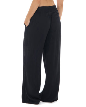 Black wide-leg pants with side pockets, shown from the back on a model against a white background.