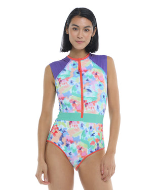 Posy Stand Up Cross-Over Fitted Tank One-Piece Swimsuit - Multi