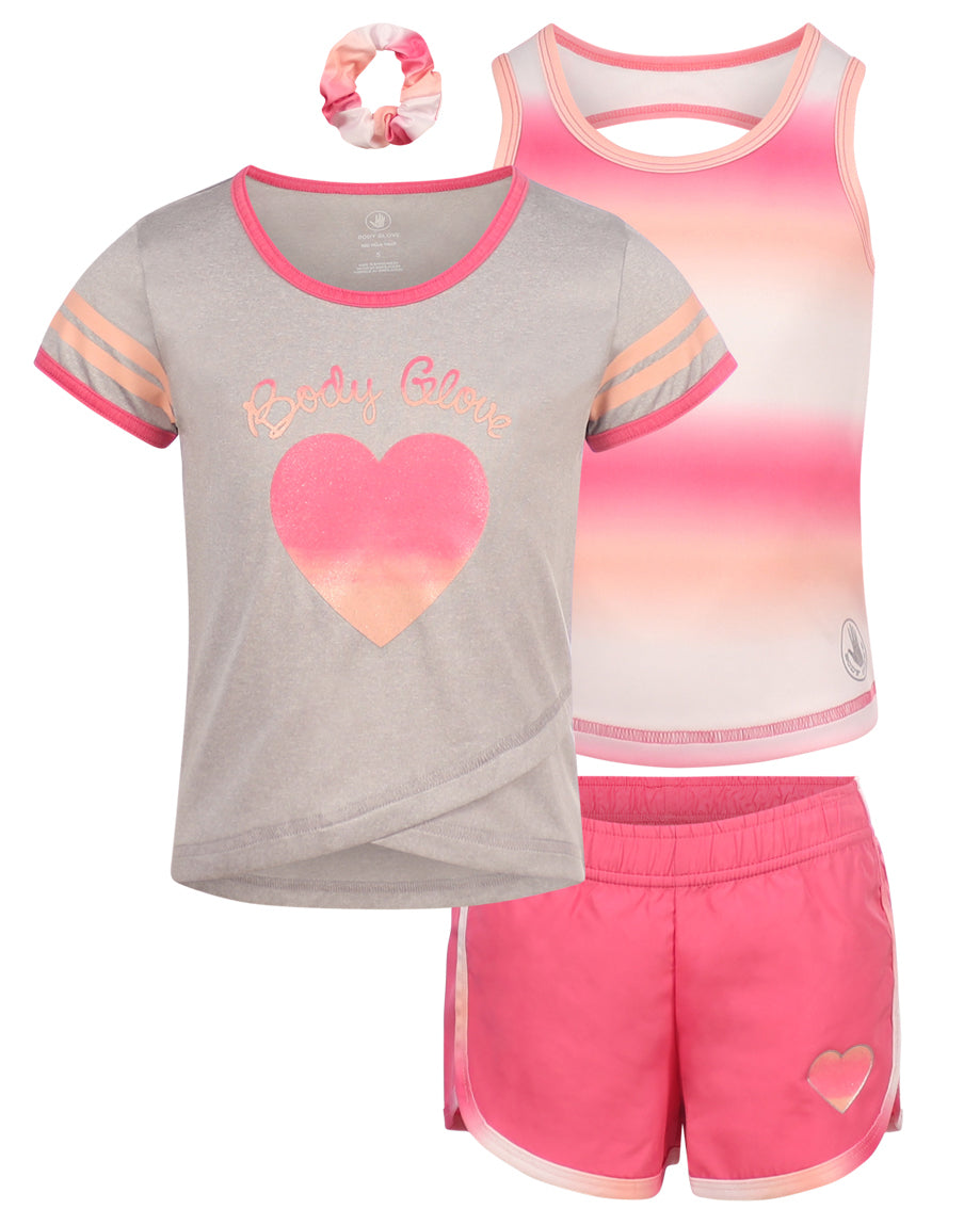 Girls Three- Piece Gradient Heart Graphic Set in Pink/Peach (7-12