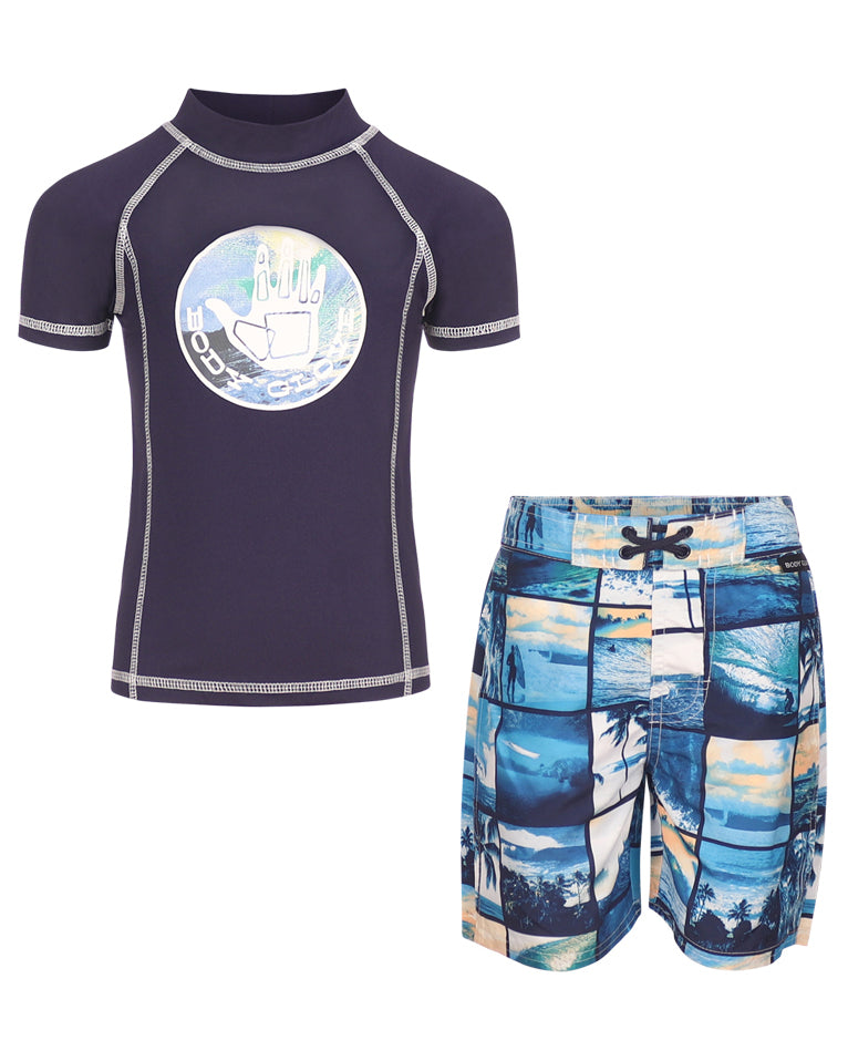 Boys' Rash Guard & Swim Shorts Set - Blue Patchwork - Body Glove