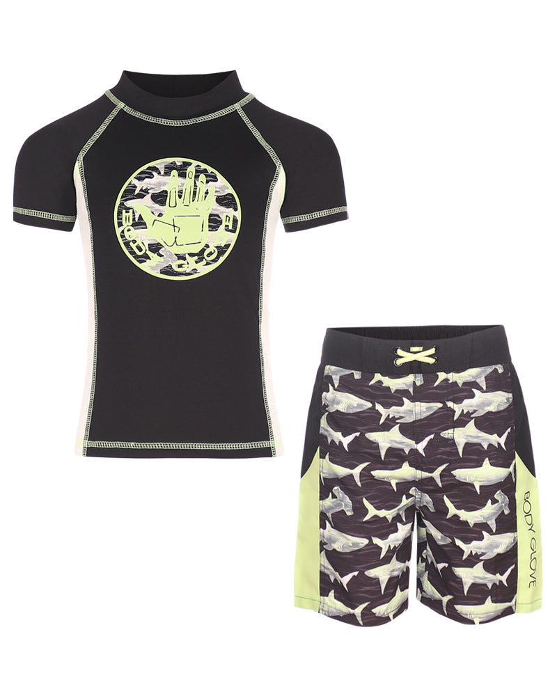 Boys' Rash Guard & Swim Shorts Set - Black & Green