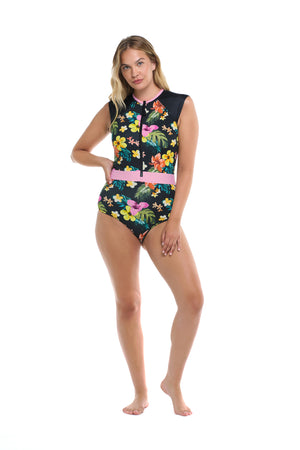 Tropical Island Stand Up Fitted Tank One-Piece Swimsuit - Black