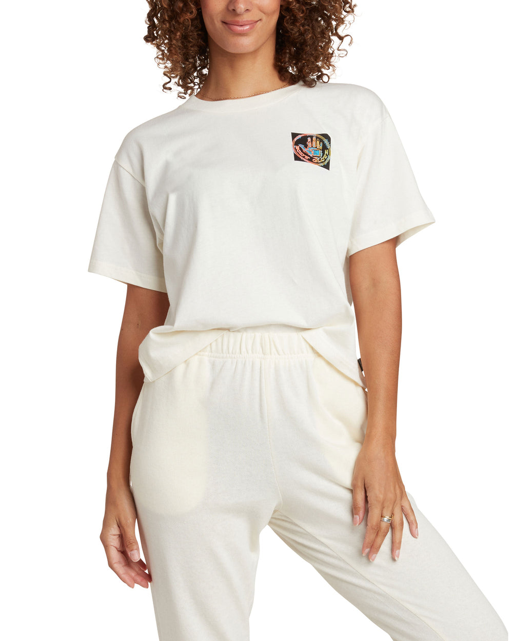 Scribble Block Short-Sleeved Relaxed Fit Crop T-Shirt - Cream